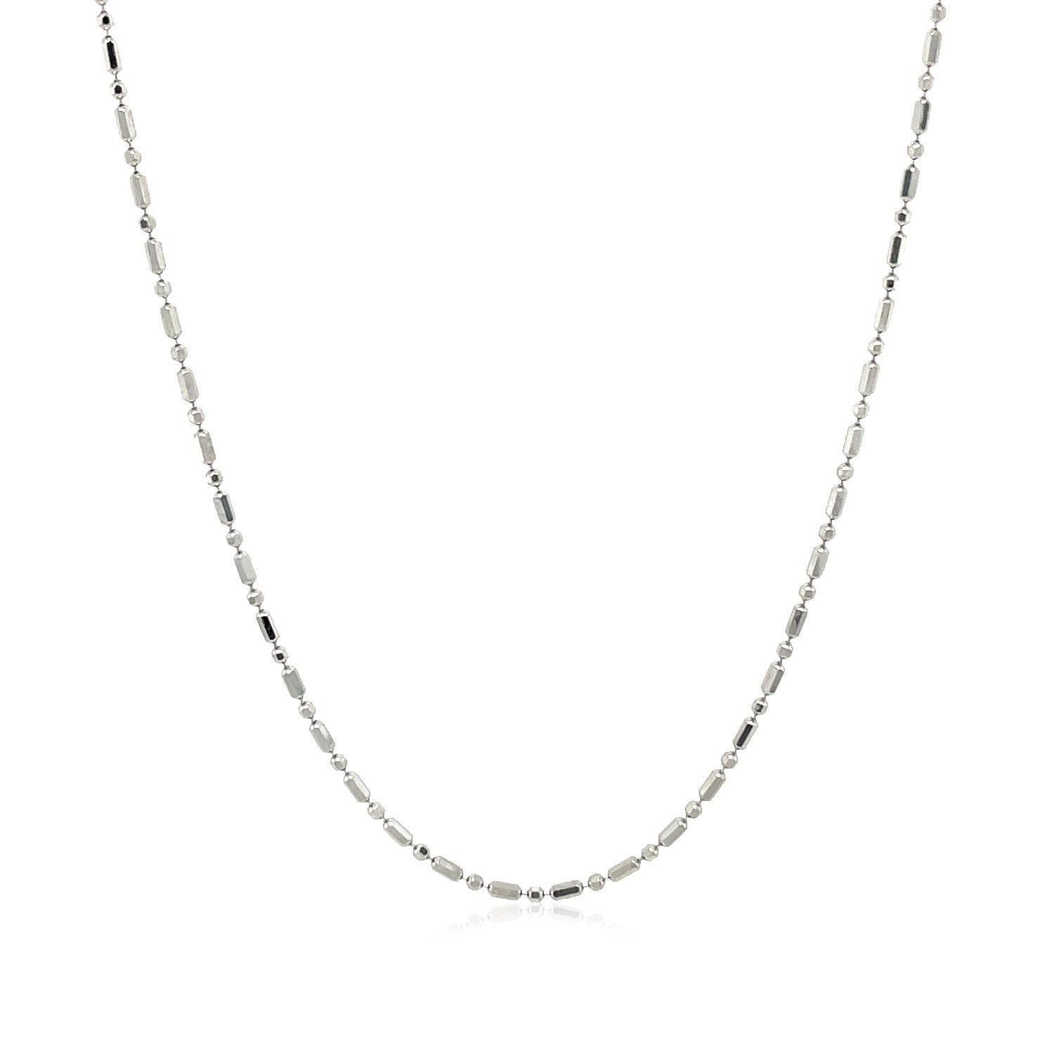 14k White Gold Diamond-Cut Alternating Bead Chain (1.10 mm) in a sleek high-contrast midnight luxury editorial style